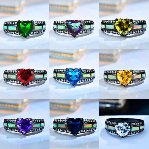 

wedding rings luxury crystal female big heart ring boho white fire opal for women vintage fashion black gold green red rainbow, Slivery;golden