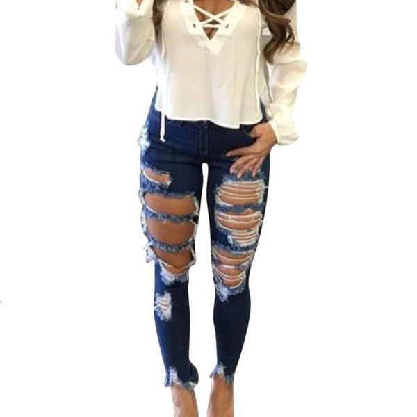 

Women's Pants & Capris Fashion Hole Ripped Jeans Women Sexy Denim High Waist Elastic Pencil Skinny Slim Female A88A, Black;white