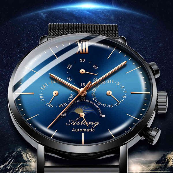 

watch ailang brand men's waterproof stainless steel belt automatic mechanical man steampunk fashion clock leather 2021, Slivery;brown