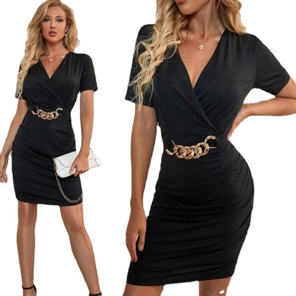 

fashion dress 2021 black chain tight slim v-neck, Black;pink