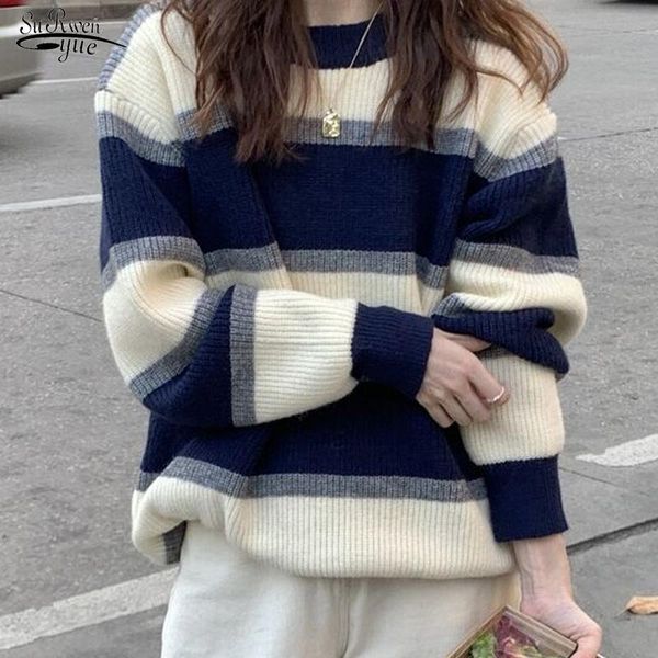 

women's sweaters autumn casual stitch stripe pullover winter 2021 o-neck long-sleeve knitted all-match loose patchwork sweater 17348, White;black