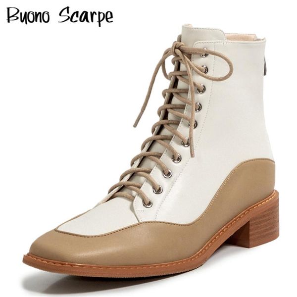 

boots patchwork women cross tied shoes chunky heel short genuine leather ankle female casual zipper, Black