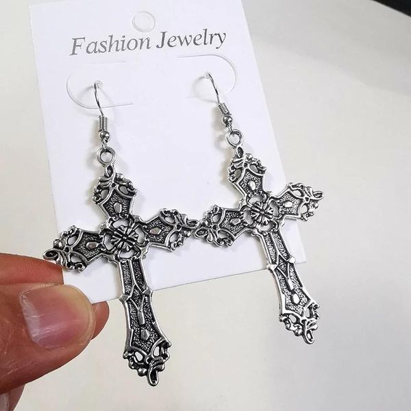 

hoop & huggie women's earrings goth gothic cross pendant antique silver color vintage metal retro 2021 trendy fashion female jewelry, Golden;silver