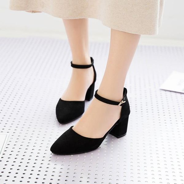 

big size 11 12 13 14 15 high heels sandals women shoes woman summer ladies suede thick heel and pointed button square, Black