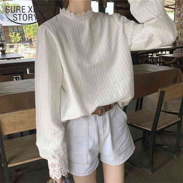 

casual white blouse women striped shirt autumn lady cotton lace for long sleeve korean pullover 10912 210421