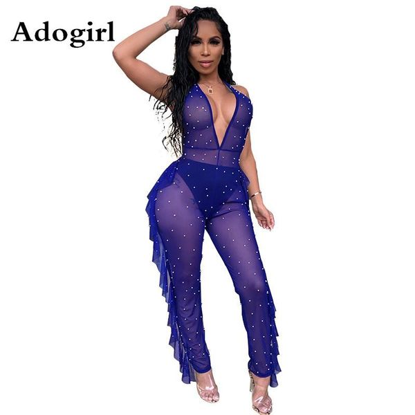 

women's jumpsuits & rompers sheer mesh jumpsuit beading women ruffles deep v-neck backless transparent playsuit night club wear outfits, Black;white