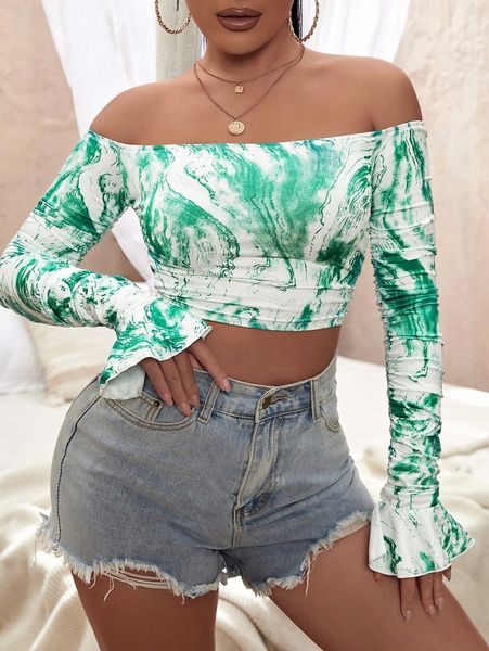 

sxy graphic print crop bardot j7jf#, White
