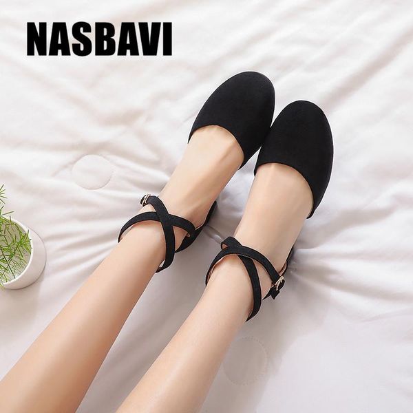 

dress shoes fashion women pumps word buckle hollow suede single thick with round toe high heels plus size 32-43, Black