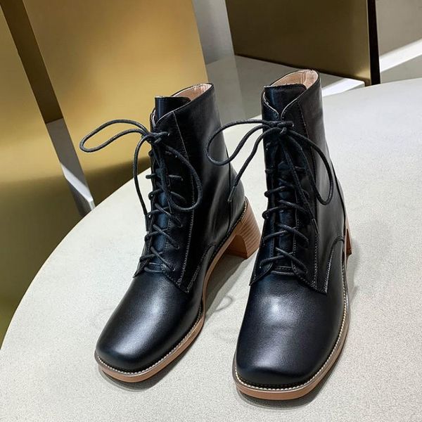 

boots gpokhds 2021 women ankle soft cow leather square toe autumn spring high heels female party dress size 41, Black