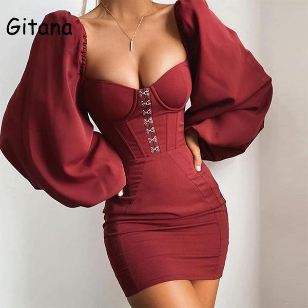 

casual dresses gitana 2021 autumn long puff sleeve bodycon mini dress women strapless backless party evening fashion streetwear, Black;gray