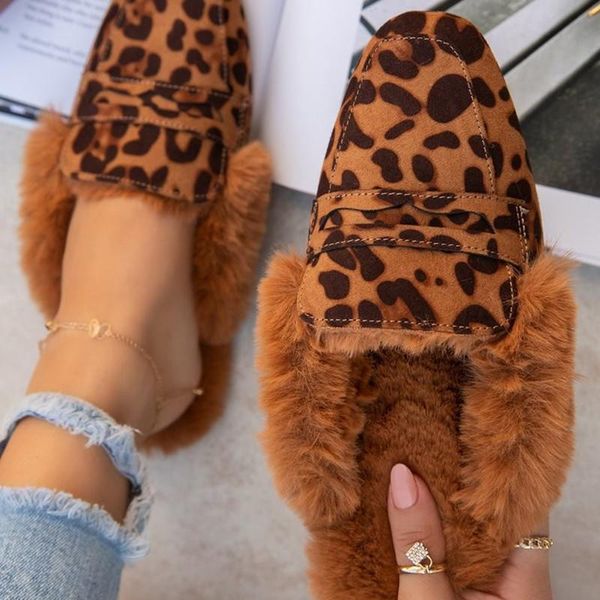 

slippers baotou plush autumn winter women one word outer wear large size flats velvet fashion leopard, Black