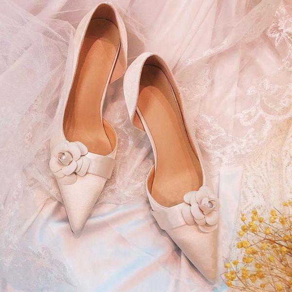 

dress shoes satin flower wedding pumps bridal pointed toe party high heel women leather bridesmaid, Black