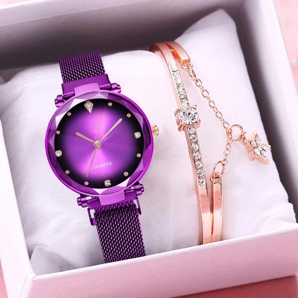 

wristwatches 2021 women magnet buckle gradient color watch bracelet set luxury geometric surface quartz relogio feminino, Slivery;brown
