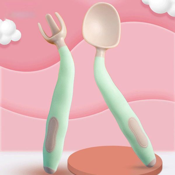 

cups, dishes & utensils 2pc /set baby food tableware feel to bend spoon fork set supplement silicone self feeding training spoons
