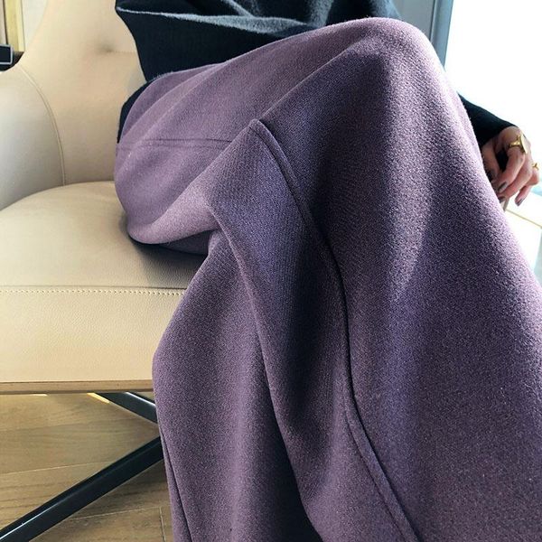 

women's pants & capris wool tweed are loose and thin, leisure lengthened solid color purple high waist wide leg, Black;white