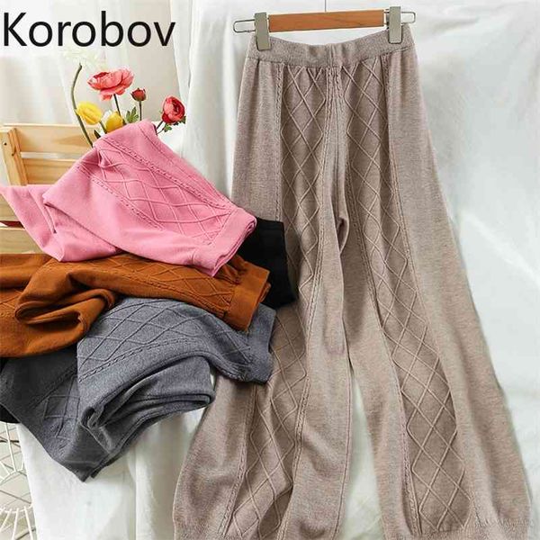 

korobov new autumn winter women trousers korean knitted elastics high waist wide leg pants loose casual joggers femme 210430, Black;white