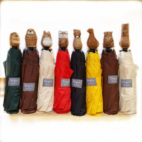 

umbrellas cartoon animal head umbrella folding ins wooden dragon cat handle