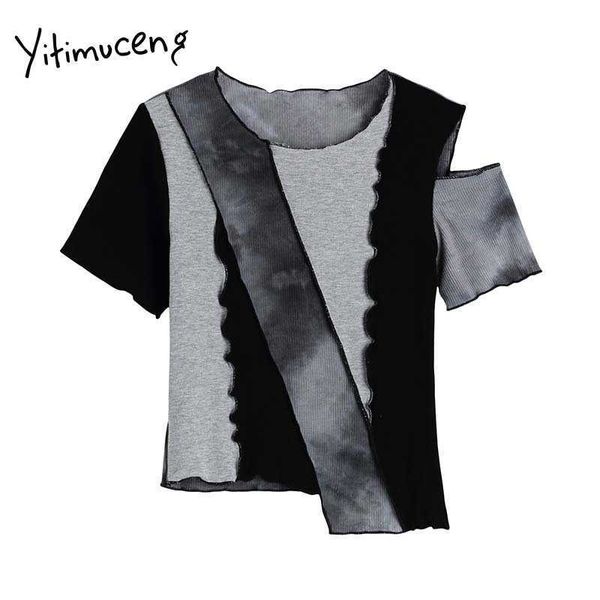 

yitimuceng irregular t shirts woman vintage tie dye patchwork tees skinny o-neck summer korean fashion tshirts 210601, White
