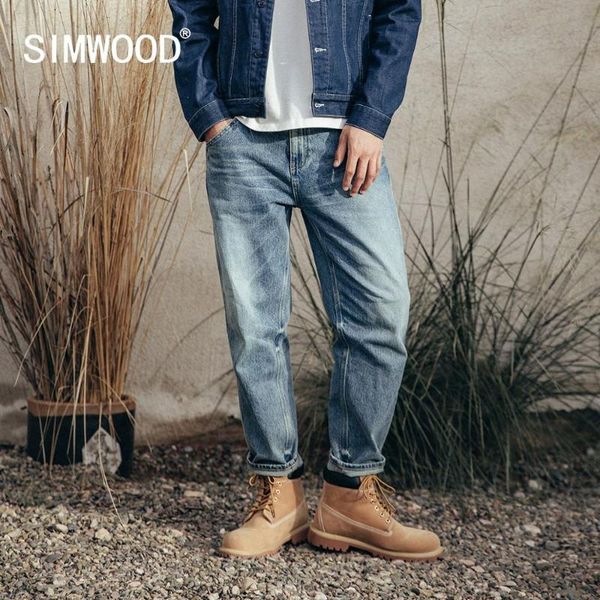 

men's jeans simwood 2021 spring laser dark washed loose tapered men ankle-length jean plus size denim trousers, Blue