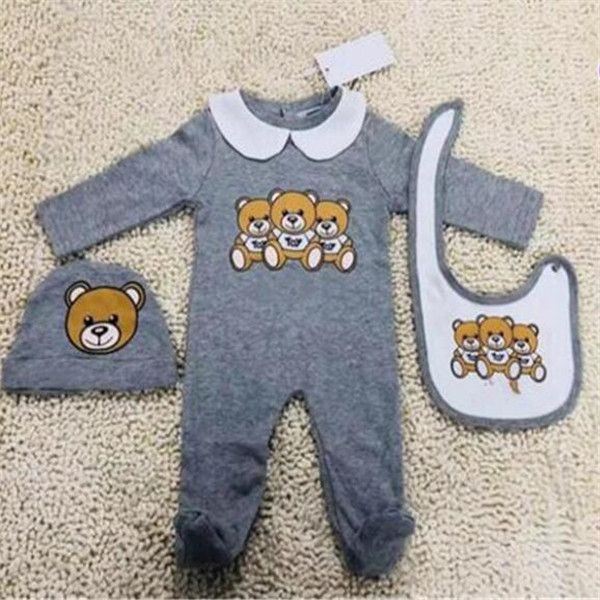 Conjunto de roupas de bebê recém-nascido fofo de design infantil, meninos, impressão, urso, macacão, macacão + babadores + boné, conjunto de roupas de 0 a 18 meses