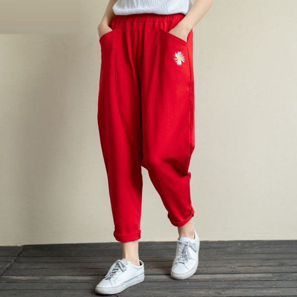 

capris arrival spring korea fashion women's elastic waistline loosen harem all-combined casual cotton embroidered pants plus size s705, Black;white