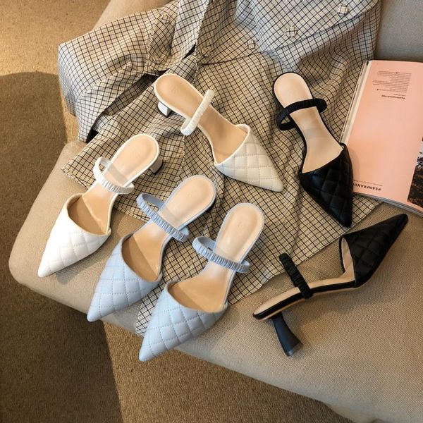 

dress shoes dxfan strange heel gingham high heels women pumps pointed toe slingback mules solid elegant ladies, Black