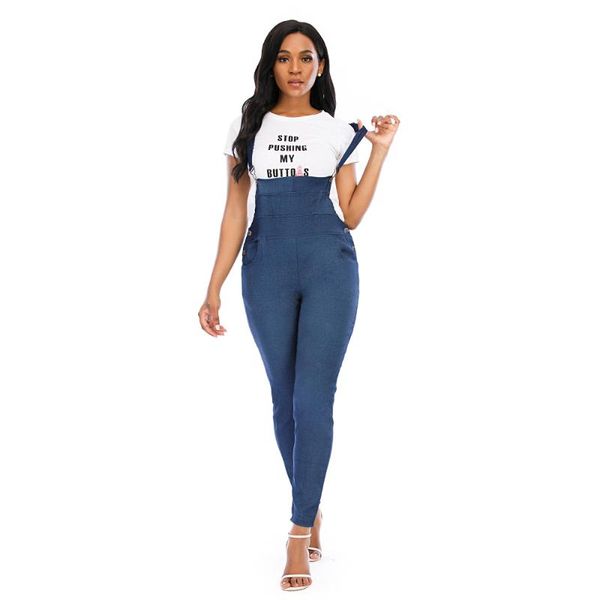 

women's jeans women casual jumpsuit 2021 summer slim pocket wild one piece bib pants long dungarees lady solid rompers streetwear, Blue