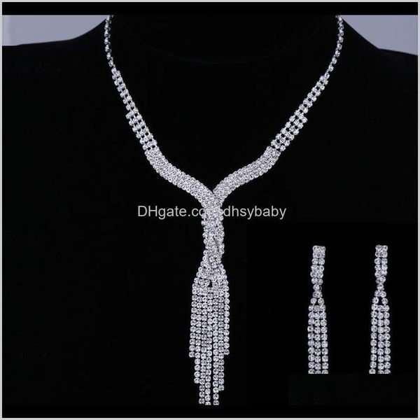 

& drop delivery 2021 fashion wedding bridal jewelry sets long tassel women sparkling rhinestone crystal necklace earrings set dvjzn, Silver