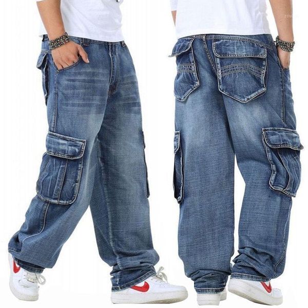 

size 30 - 46 baggy men jeans wide legs denim pant loose streetwear fit relaxed straight big pocket hip hop brand blue trousers men's