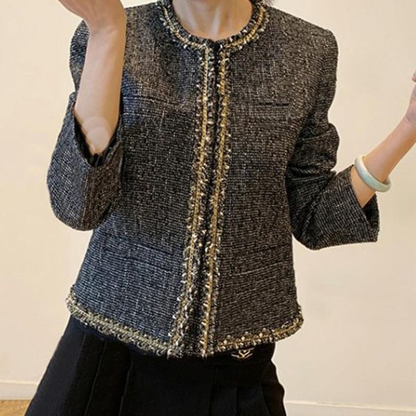 

women's wool & blends women short coat long sleeve o-neck casual jacket preppy style autumn winter 2021, Black