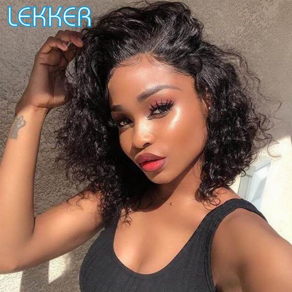 

lekker kinky curly bob lace part wig wet wavy human hair wigs for black women brazilian remy natural glueless fluffy, Black;brown