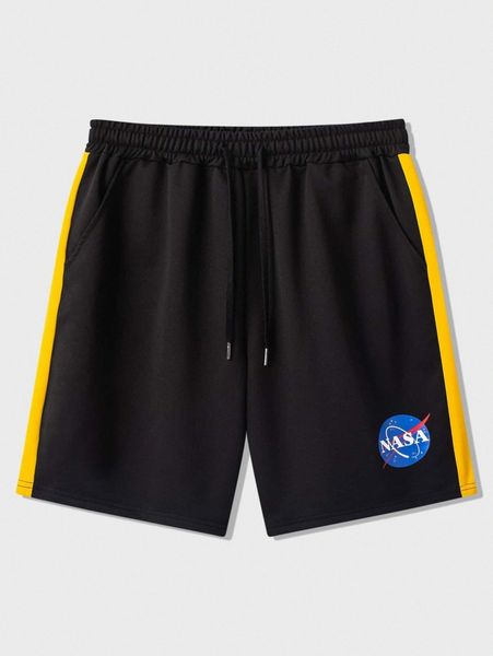 

men letter graphic contrast side seam shorts f5wr#, Black