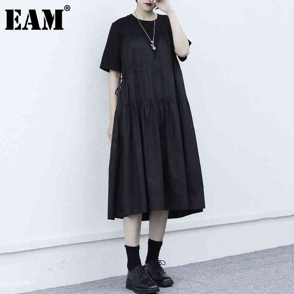 

[eam] women black pleated strap big size dress round neck short sleeve loose fit fashion spring summer 1dd6696 210512, Black;gray