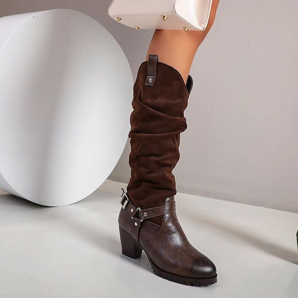 

boots black suede leather feminine round head thick high heeled ladies over the knee fashion dress shoes metal buckle