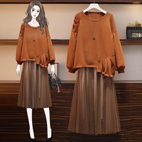 

women's tracksuits big yards loose autumn/winter knitting sweater pleated skirts two pcs clothing set leisure suits size knitwear, Gray