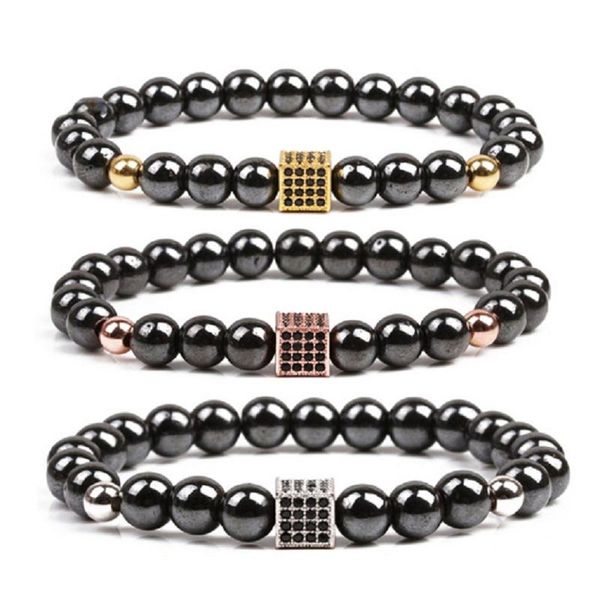 

beaded, strands natural hematite beads bracelet magnetic stone copper pave zircon cube charm men's cuff hand string wholesale, Black