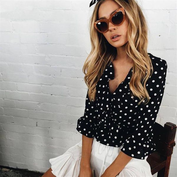 

women's blouses & shirts 2021 ruffle half flare sleeve dot print blouse women autumn beach crop v neck black white shirt cool tube