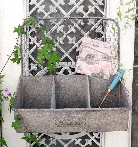 

hooks & rails 3 compartment home and garden retro metal wall shelf organizer with wire mesh