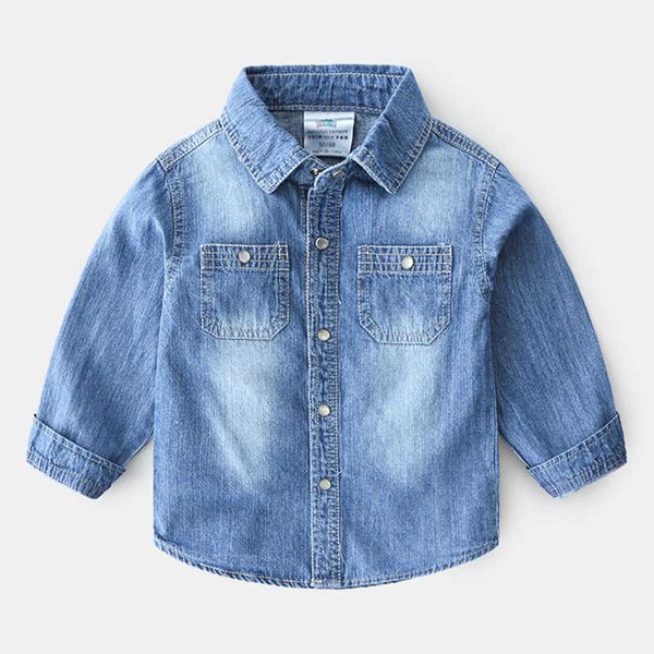 Primavera Autunno 2 3 4 6 8 10 anni Abbigliamento per bambini Couverture colletto Manica lunga Tasca Camicie in denim per neonati Bambini Ragazzi 210529