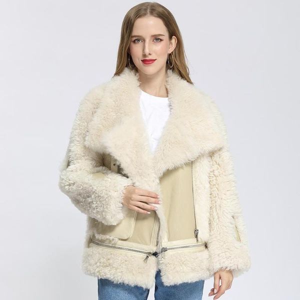 

women's wool & blends shearling women sheepskin coat winter real leather lamb fur jackets lady's fashion long sleeve zipper outerw, Black