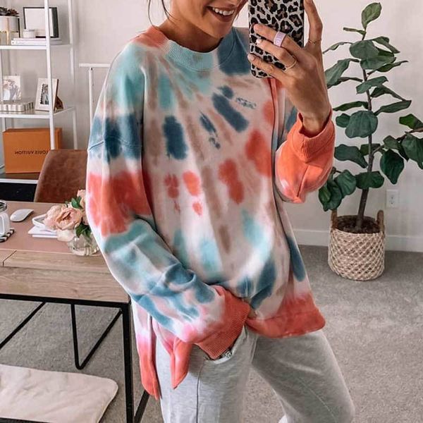 

inspired tie-dye color block long sleeve sweatshirt women crew neck plus size hoodies fall women pullovers sweatshirts 210412, Black