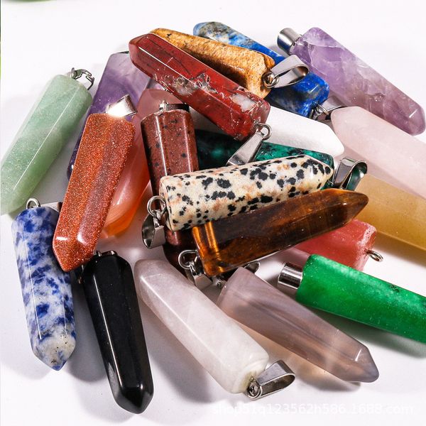 

natural stone hexagonal prism opal tiger's eye pink quartz healing chakra pendants charms diy necklaces jewelry accessories making, Bronze;silver
