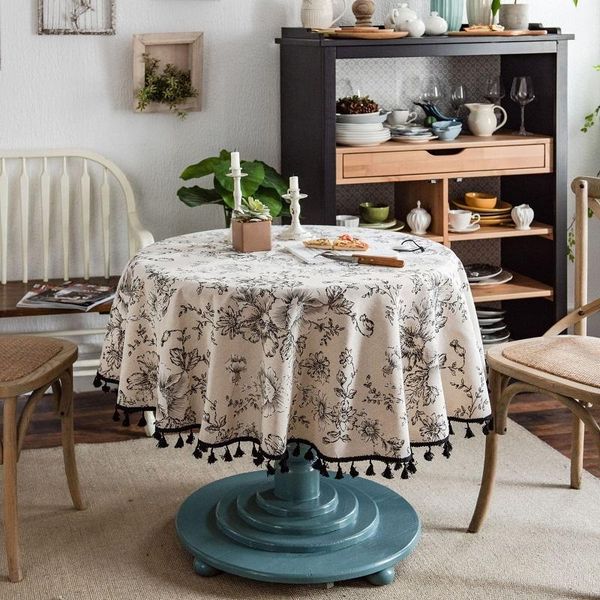 

table cloth rose flower printed art cotton linen round cover towel home decoration
