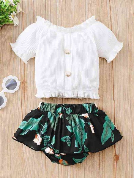 

baby frill trim & tropical print ruffle hem skort she, White