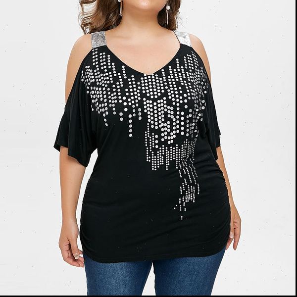

plus size and summer women shirt polka dot cold off shoulder casual short sleeve blusas, White