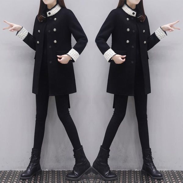 

double sided cashmere coat women's mid long 2021 spring dress stitching lace vertical collar fashion woolen wool & blends, Black