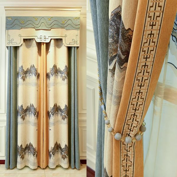 

chinese style single flower curtains landscape painting bedroom living room cashmere seamless stitching curtain & drapes