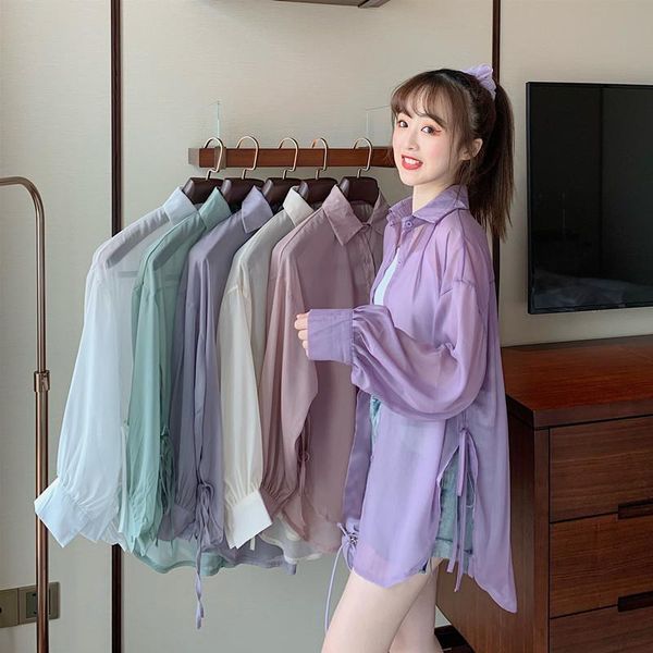 

women's blouses & shirts loose solid female 2021 spring summer thin transparent sun protection white shirt for women long sleeve a200