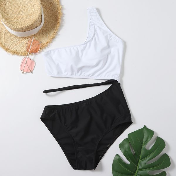 

women's 2021 one-piece belly covered bikini open waist one shoulder fashion swimsuit, White;black