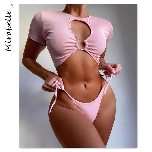 

women's swimwear pink bikini hollow women swimsuit ribbed summer bathing suit mini string thong set beachwear 2021, White;black